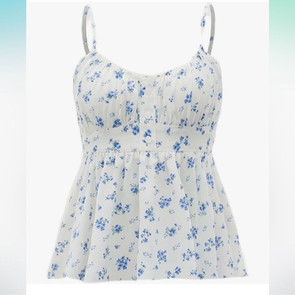 XL White Blue Ditsy Floral Ruched Bust Ruffle Hem Tie Back Camisole Top